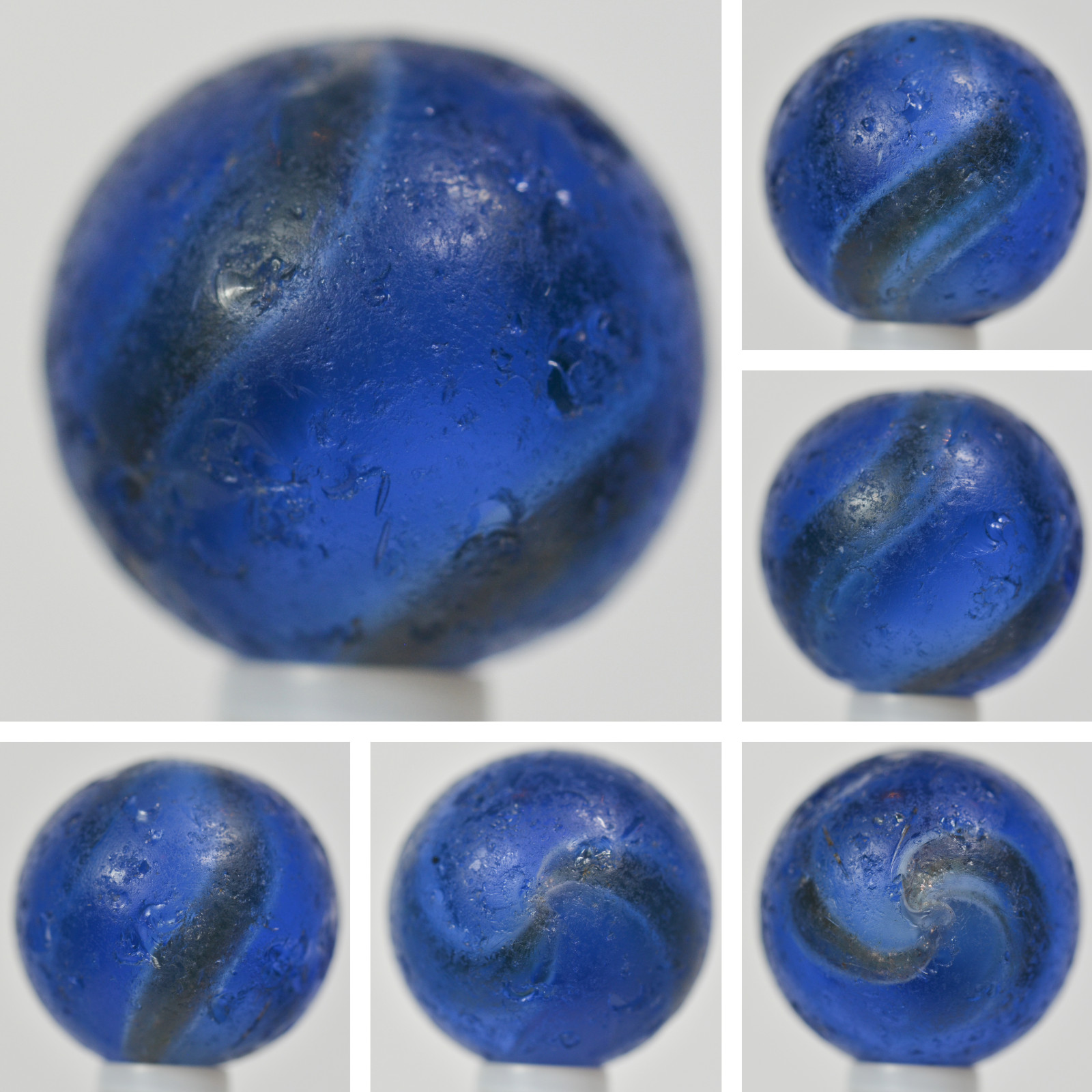 Handmade White Ribbon Lutz Marble Blue Base 3/4 in, Collectible, Germany S1393