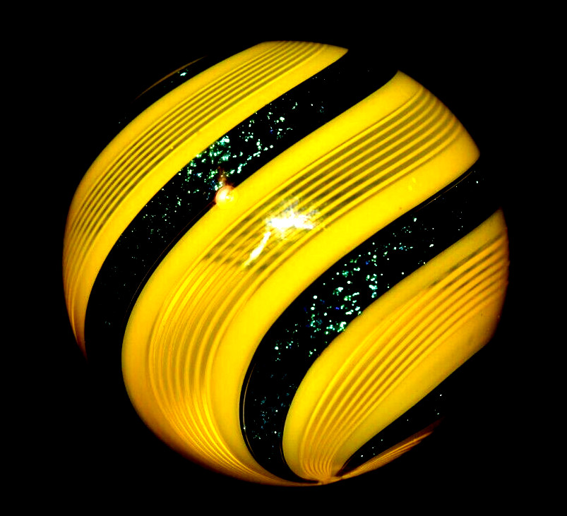 HOT HOUSE GLASS MARBLE/1.712″-SUNFLOWER W/TURQUOISE BANDED FINE LINER #319-FAST