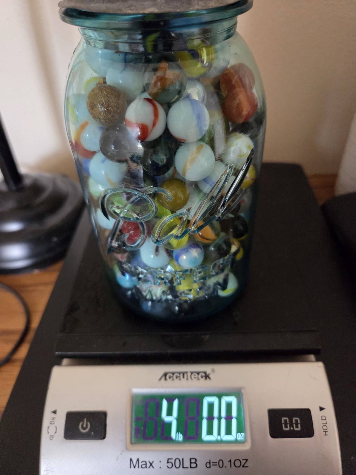 Vintage Blue Glass Ball Jar Full Of Marbles 4 Lbs