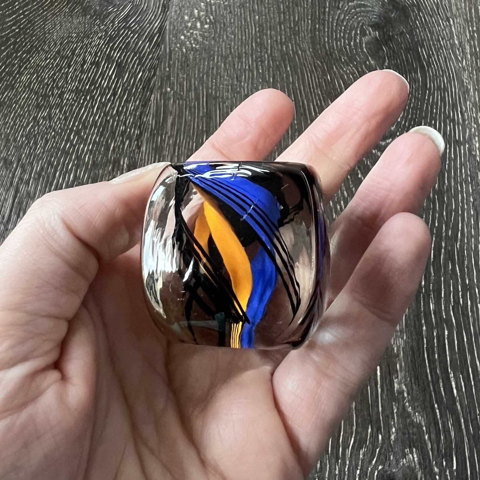 RARE SQUARE Shooter Rolf Wald Art Glass Cube Dice Blue Black & Orange Signed 90s