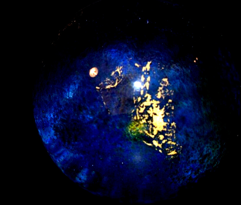 CHARLES CULBERT GLASS MARBLE/2.724″-TRANSPARENT DARK EARTH ABSTRACT-GOLD,VIOLET+