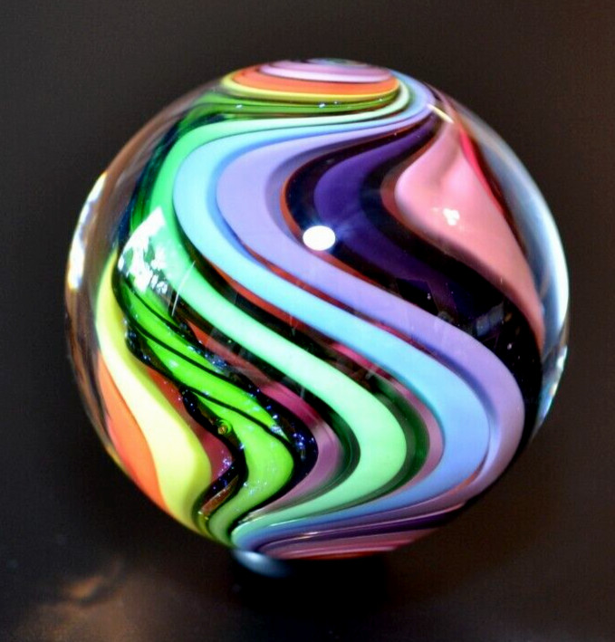 EDDIE SEESE GLASS MARBLE/1.998″-RAINBOW DRT w/FILIGRANA CANE-MAGENTA,LIME,VIOLET
