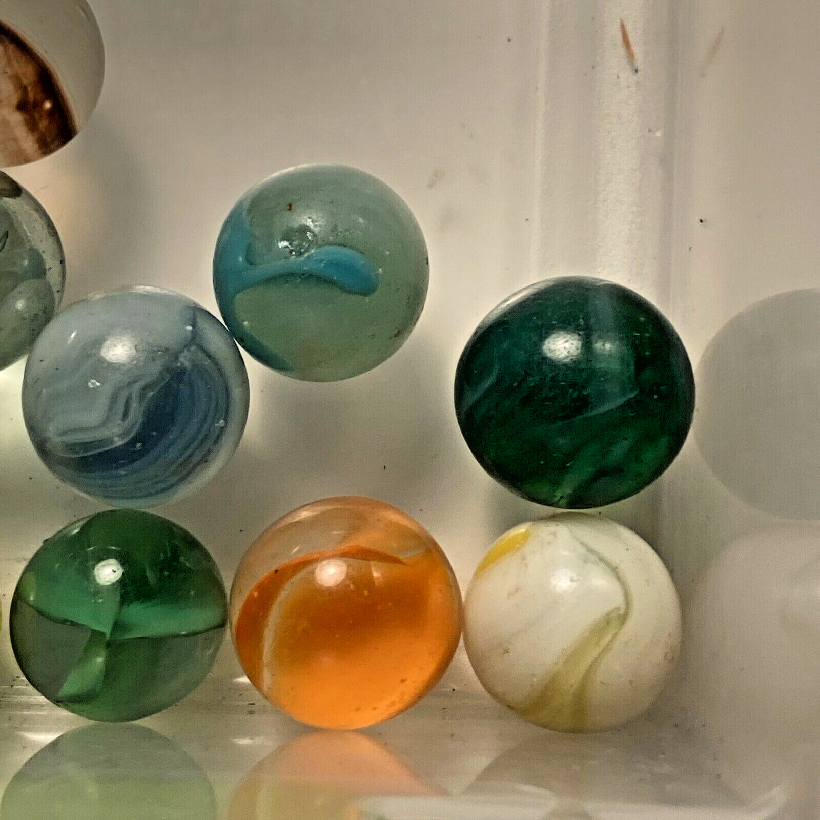 Vintage ? Lot of 34 Marbles Glass Crackle Blue Solid Yellow Green Orange Toy