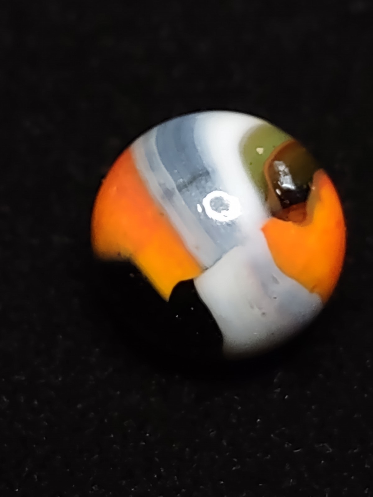Orange & White Ribbon on Green Base Glass RAINBO PELTIER Vintage Marble .63″