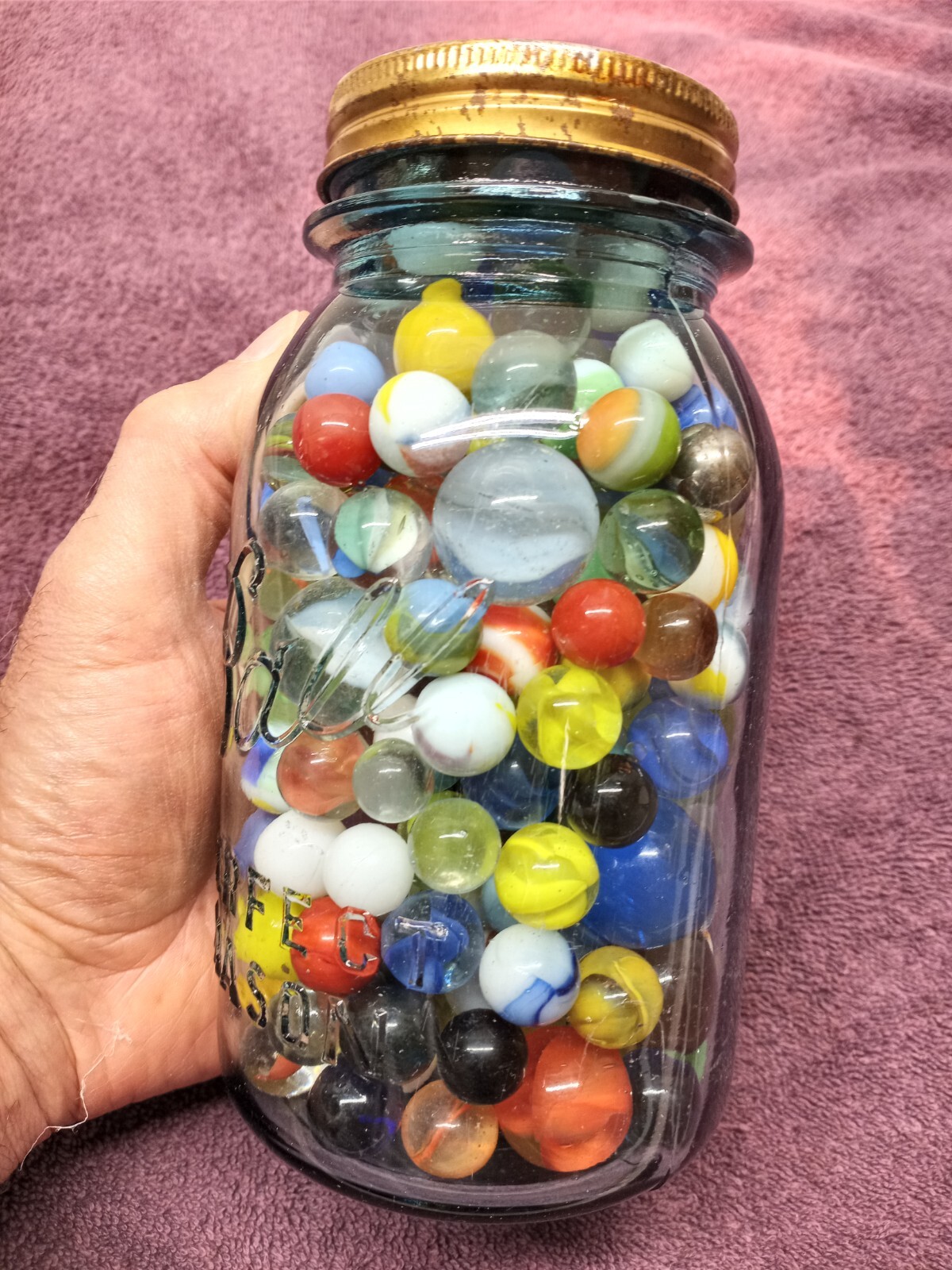 Vintage MARBLES QUART JAR of OLD GLASS MARBLES about 4.5 Pounds