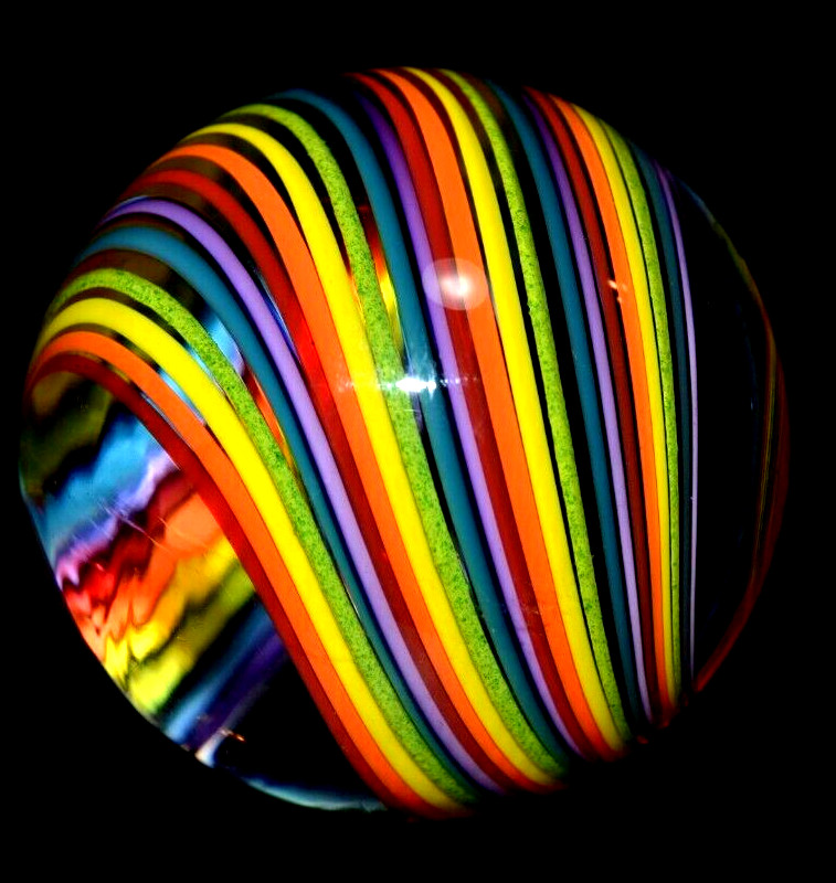 JOHN GIBBONS GLASS MARBLE/2.038″-SIMPLY A PERFECT RAINBOW-CRIMSON,ORANGE,GR.LUTZ