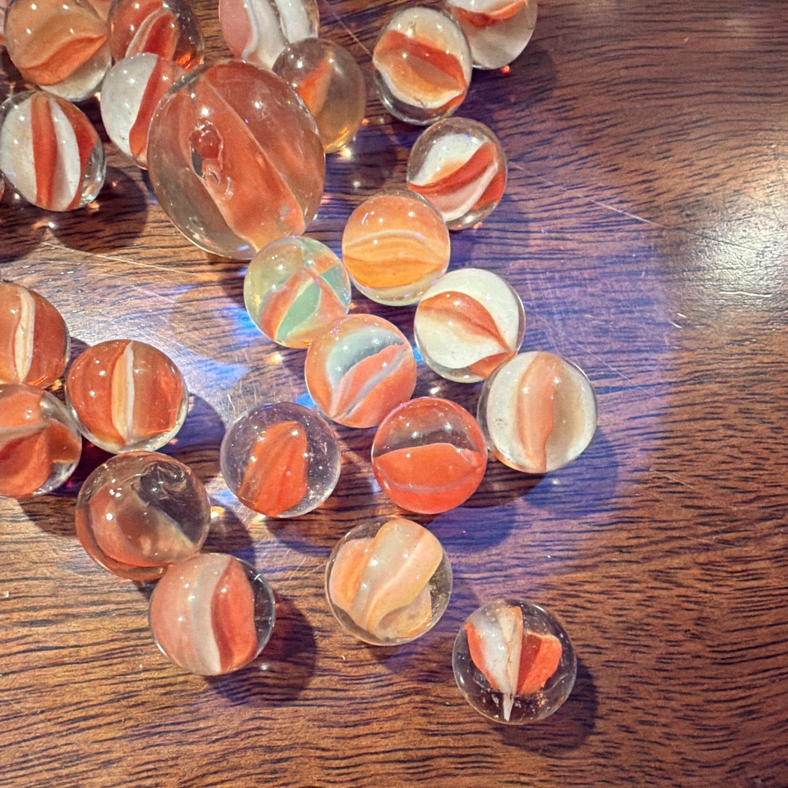 Glass Toy Marbles Lot Orange & White Swirl w/ 1 Large Shooter, Machine Made
