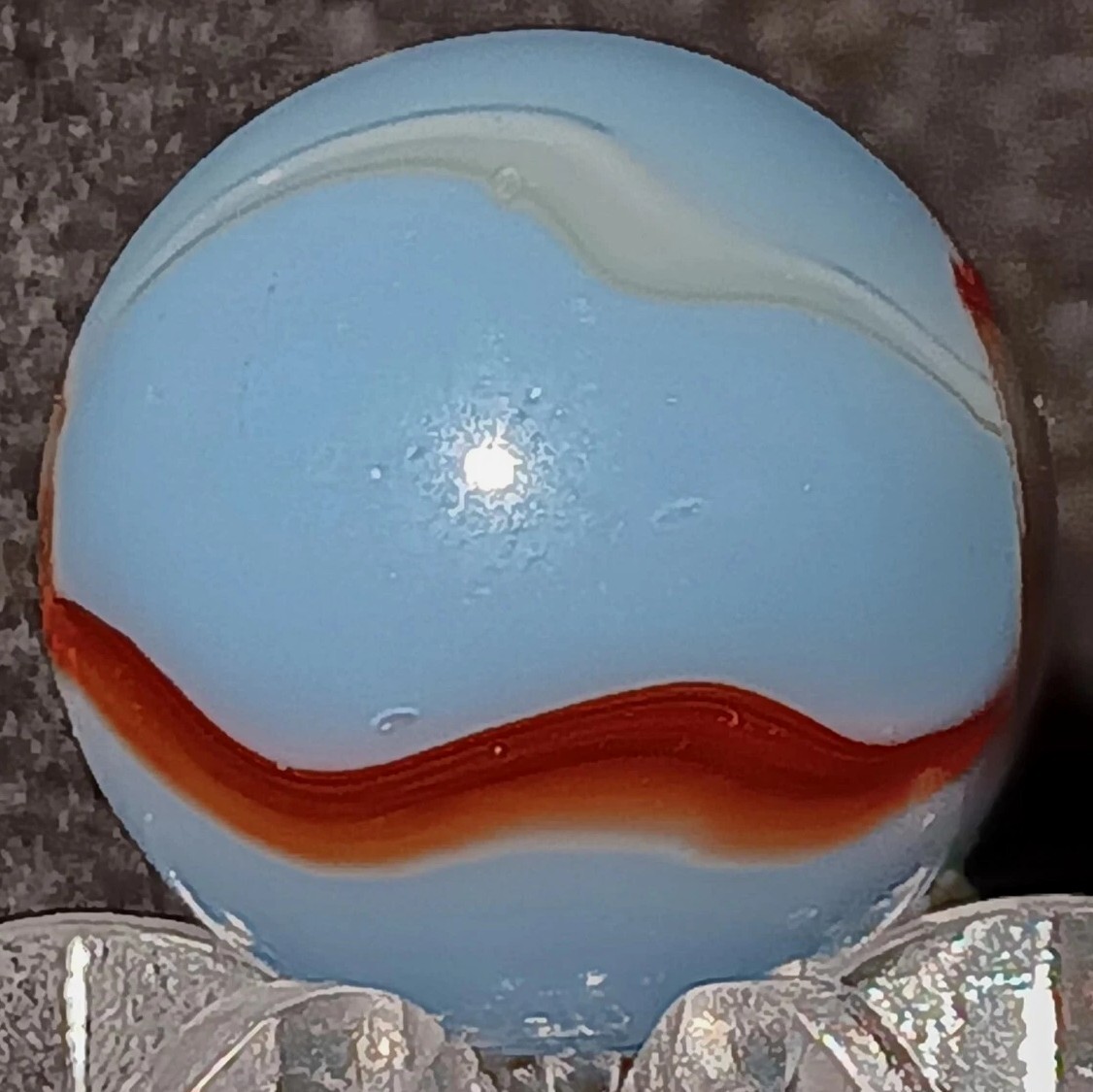 Vintage Peltier Glass NLR Hybrid Oxblood Marble. .60″ Mint. (HTF) UV Active