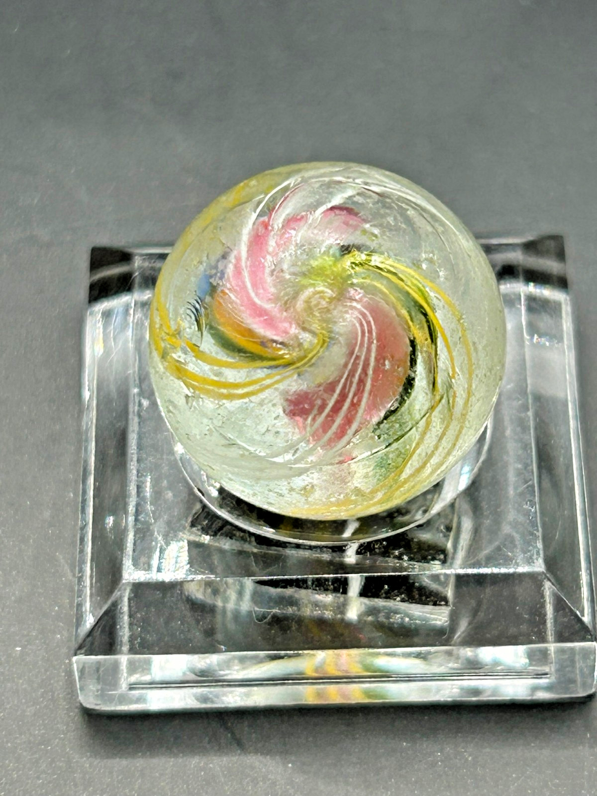 German Divided Core Latticino Swirl Marble 19/32″ NM+ Pink Yellow Green E1.29