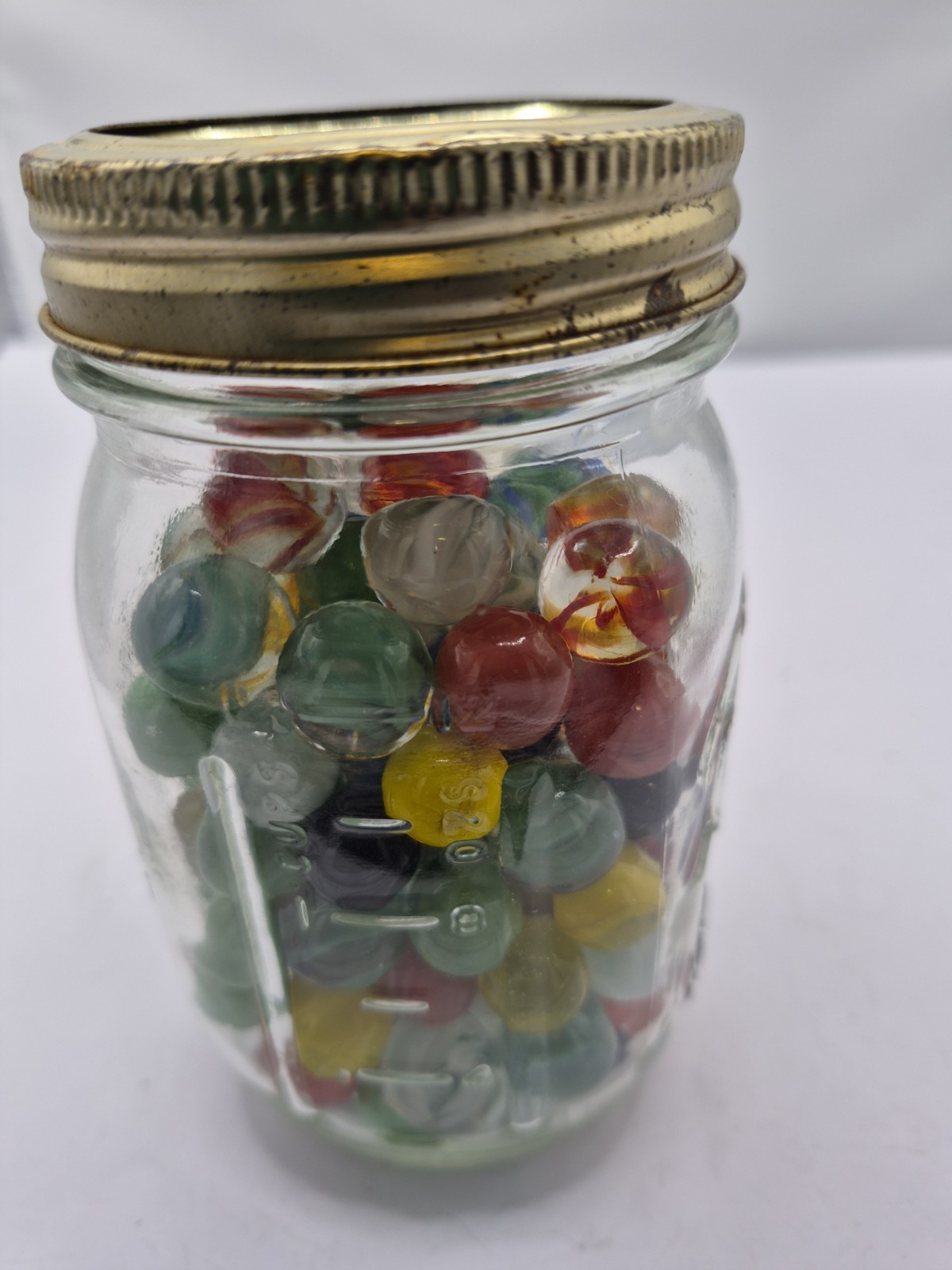 Jar Of Vintage Marbles Various Sizes… weighs 1# 13oz with Jar/ many kinds