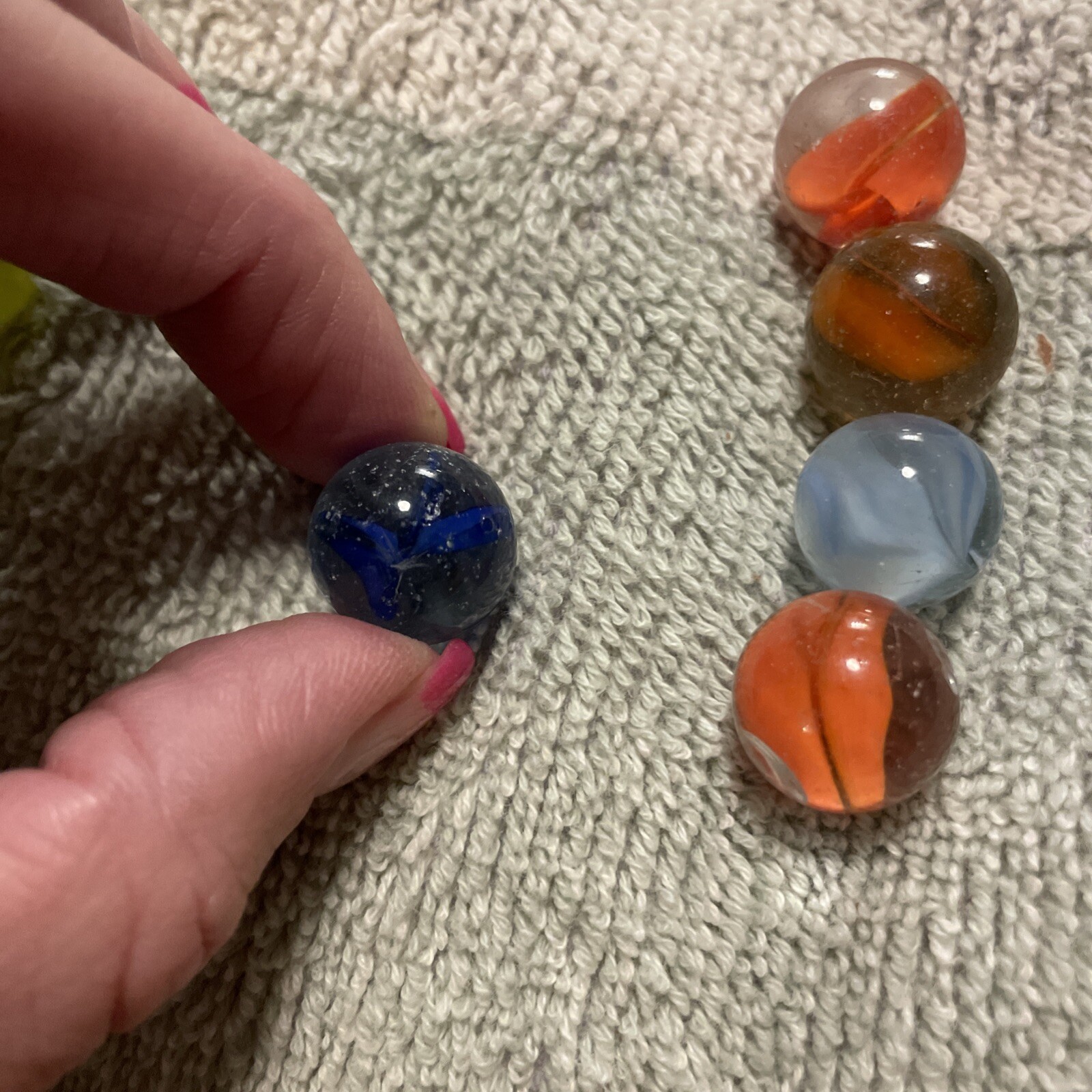 1930-1940’s cat eye 4 vein marbles. Total 12, 1 In, .75 , 10 .50