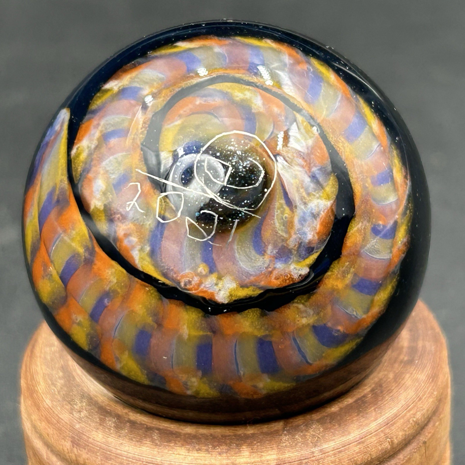 2021 Brock Eddleman Signed Art Glass Marble Rainbow Ribbon Cane 1.5”