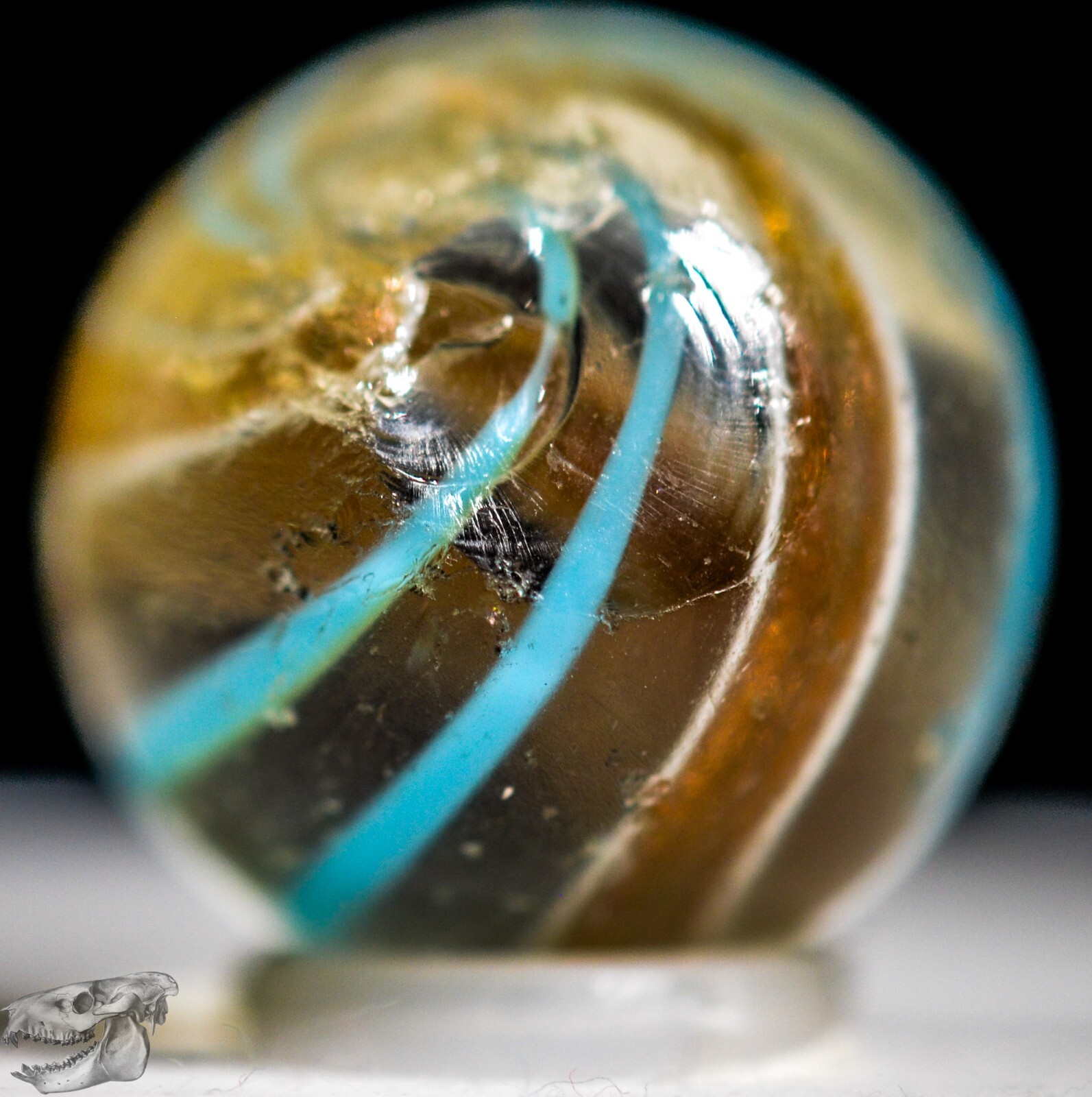 Handmade Aqua Banded Lutz Marble, 25/32 in, Good+, Chip, Germany 1860-1920 S1234