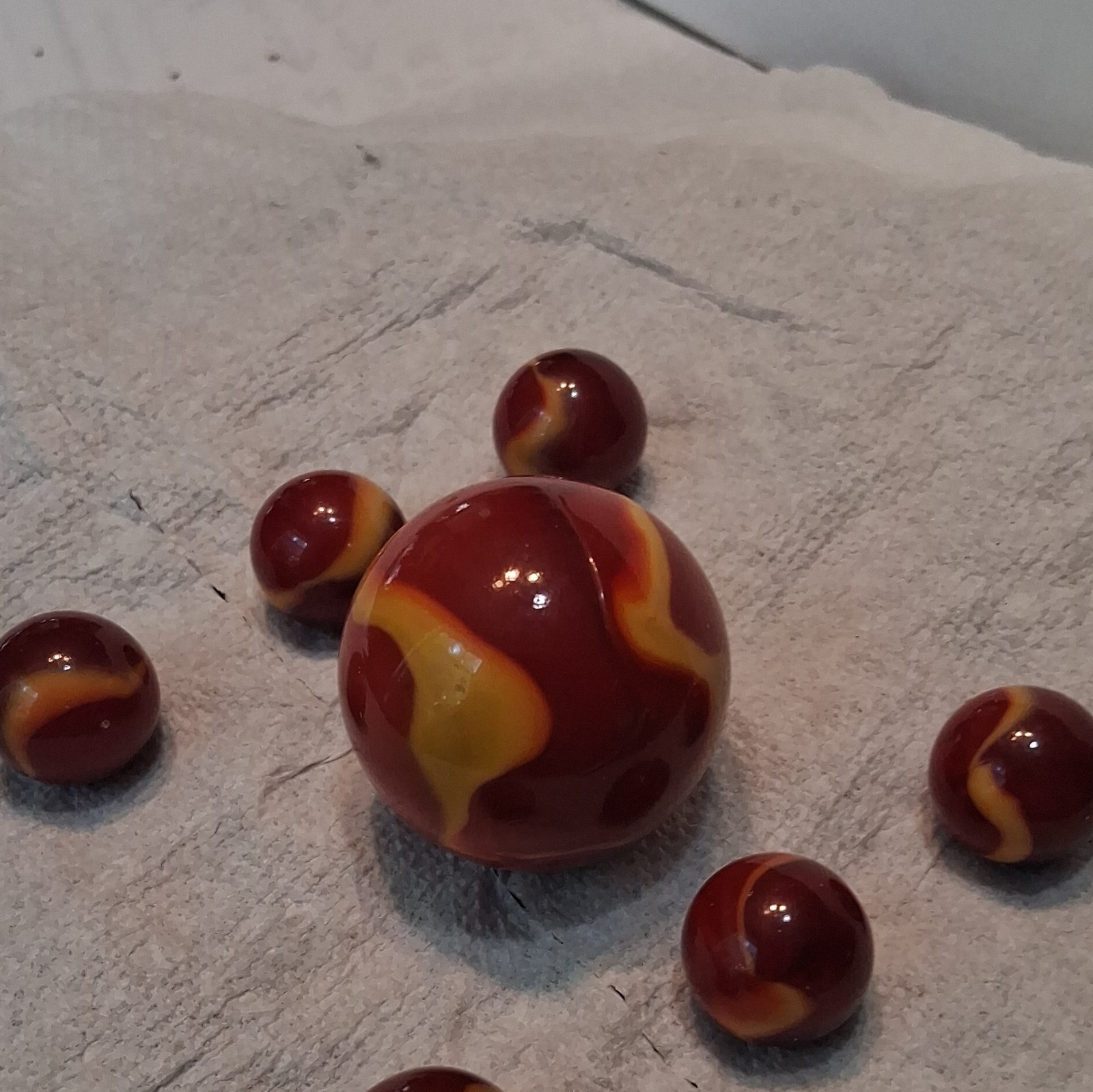 Vacor Swirl Glass Toy Marbles Set w/ 1 Large Shooter & 6 Smaller Red Yellow