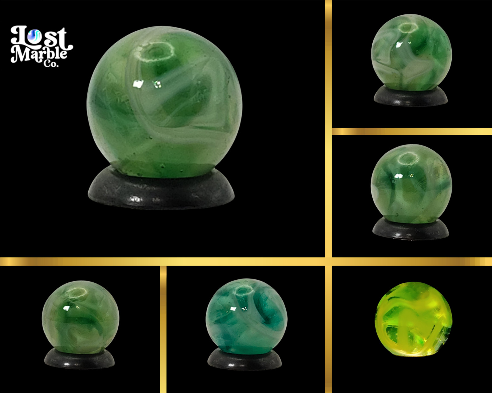 9/16″ Swirl Marble green transparent base w/white & tan ribbons great backlit NM