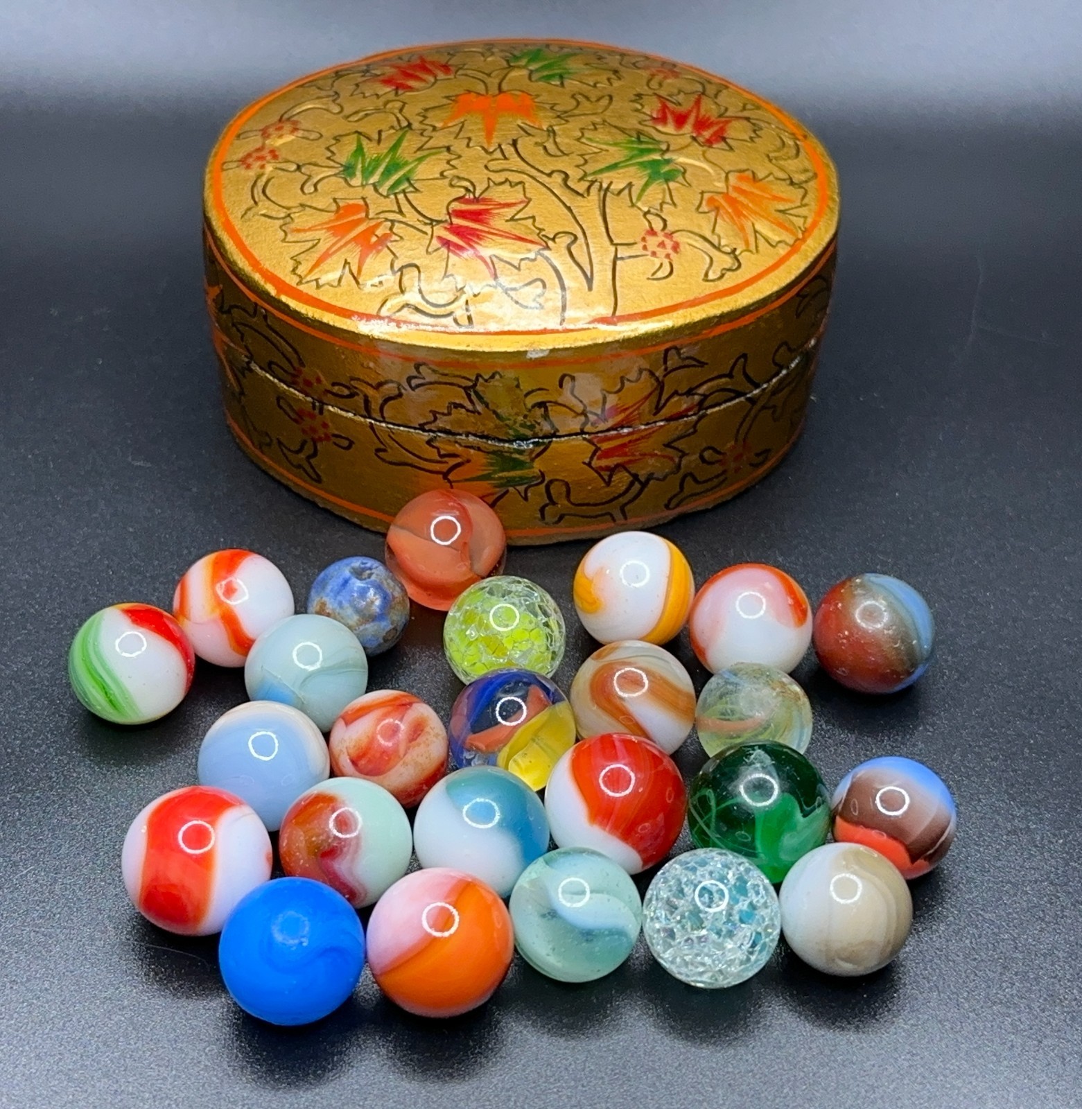 (20+) Small Vintage ESTATE MARBLES Lot German Swirl Patch & More w/NEAT OLD BOX!