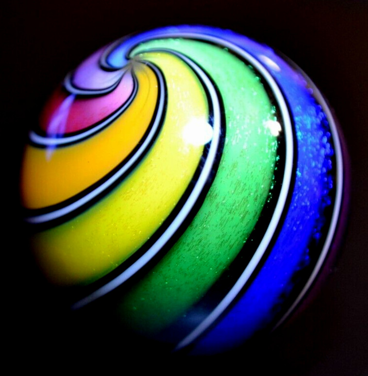 HOT HOUSE GLASS MARBLE/2.059″-DICHROIC BEACHBALL #598-TANGERINE,FUCHSIA,LAVENDER