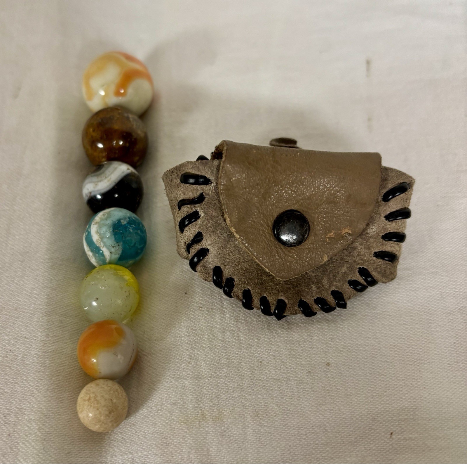 Vintage Marbles, Set of 7, Plus Leather Marble Pouch
