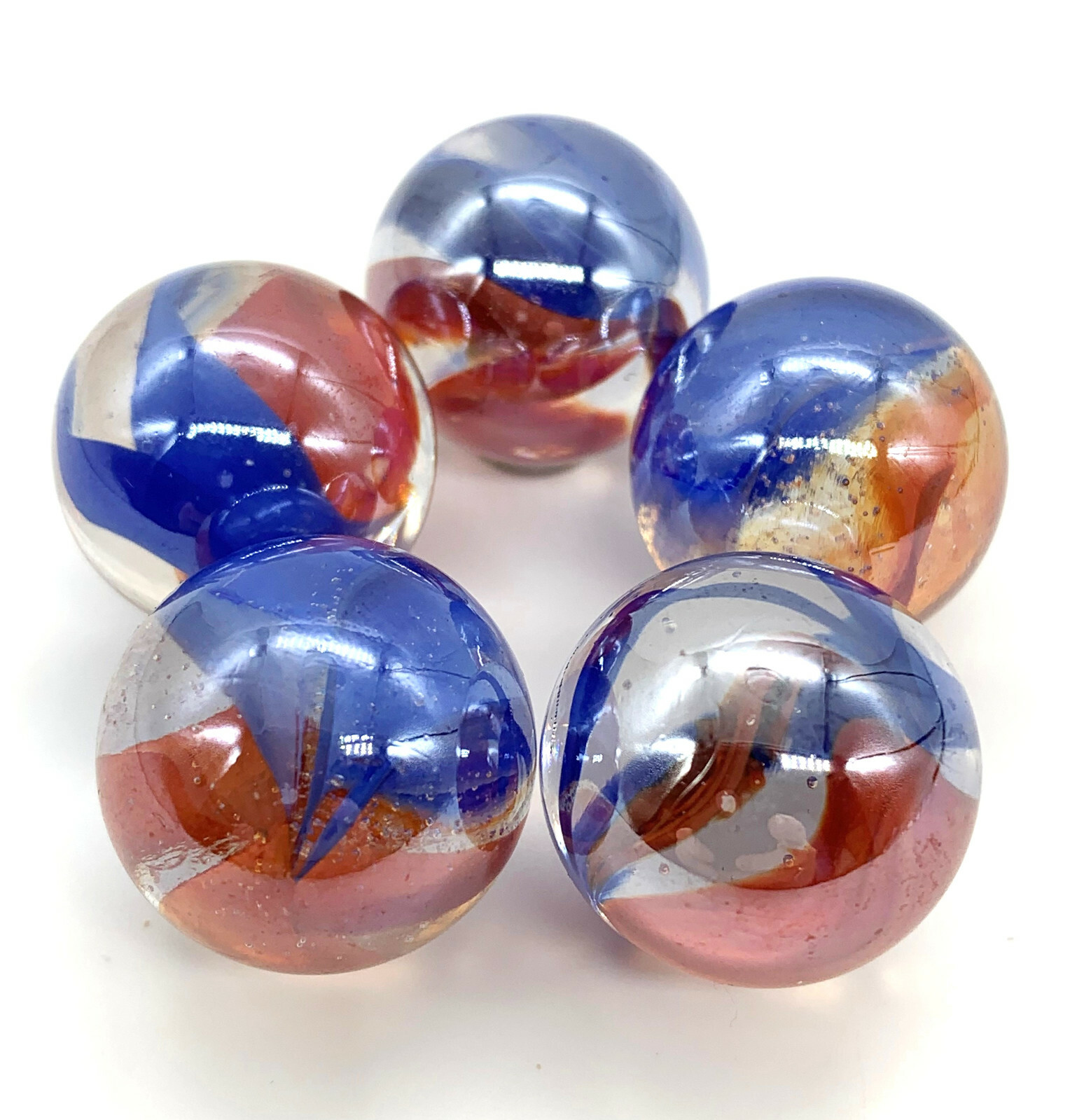 22mm Funfair Glass Marble Shooters Pk 5 Iridescent Clear w Red & Blue Swirls