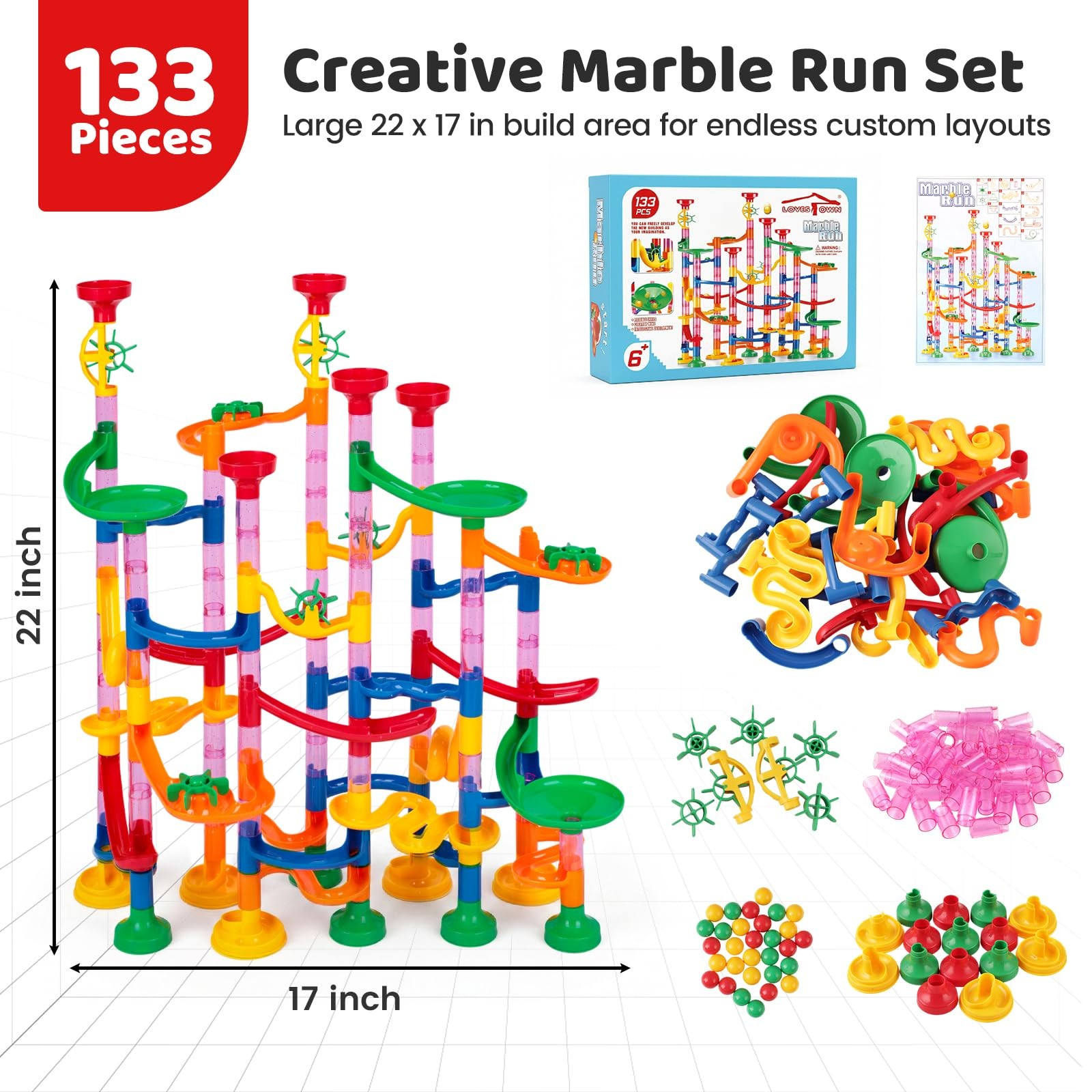 LovesTown Marble Run Toys, 133PCS Maze Game for Kid, Medium, Multi
