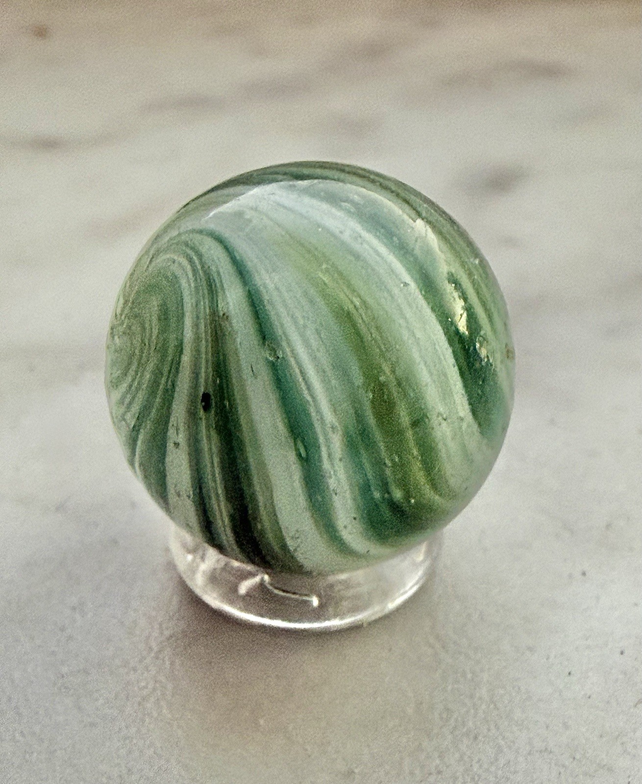 Antique German Handmade Onionskin Glass Marble Green Swirl 5/8” Ground Pontil