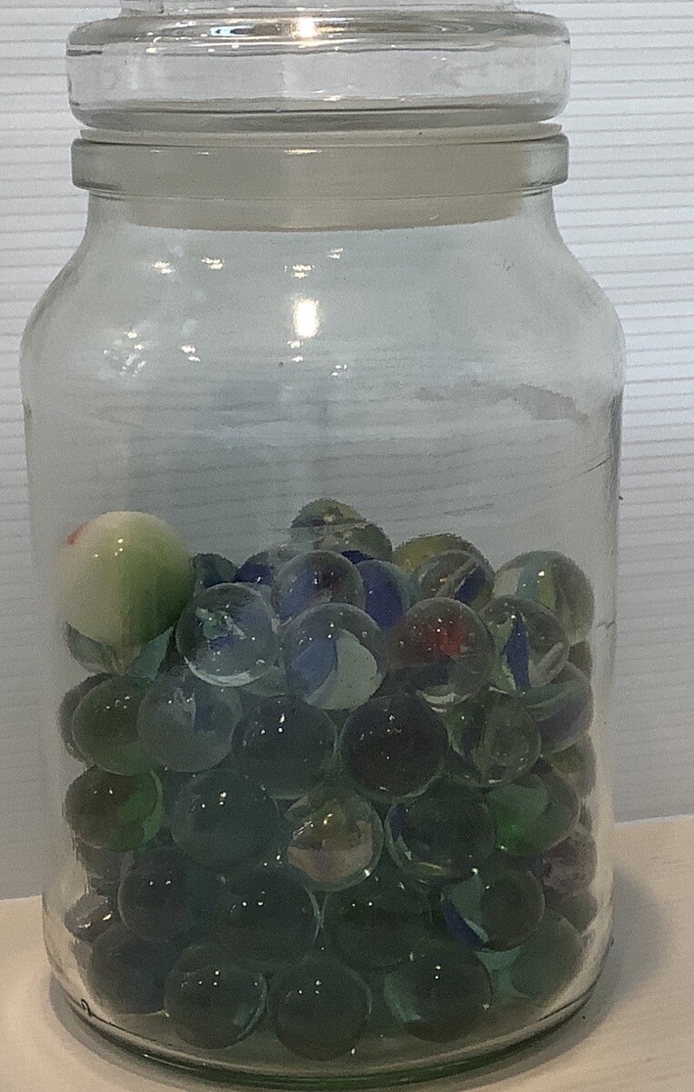 Marbles Glass In Large Vintage Coffee Glass Jar Lot 2 Toys Tom Bowlers