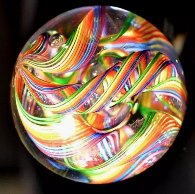 JAMES ALLOWAY GLASS MARBLE/2.754″-RAINBOW QUADMANIA #461-LIME,YELLOW,ORANGE +