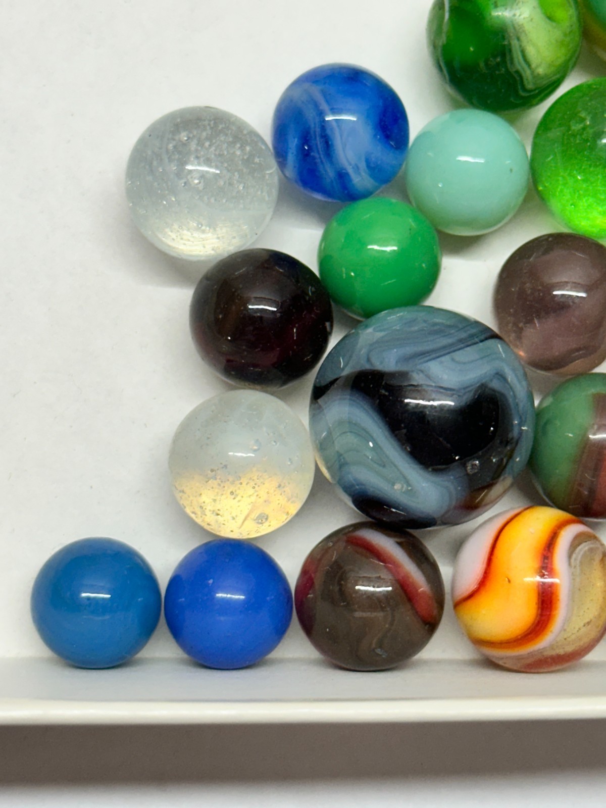 Bag of Vintage Antique Marbles – Clay, Glass Flame Swirl Corkscrew Patch