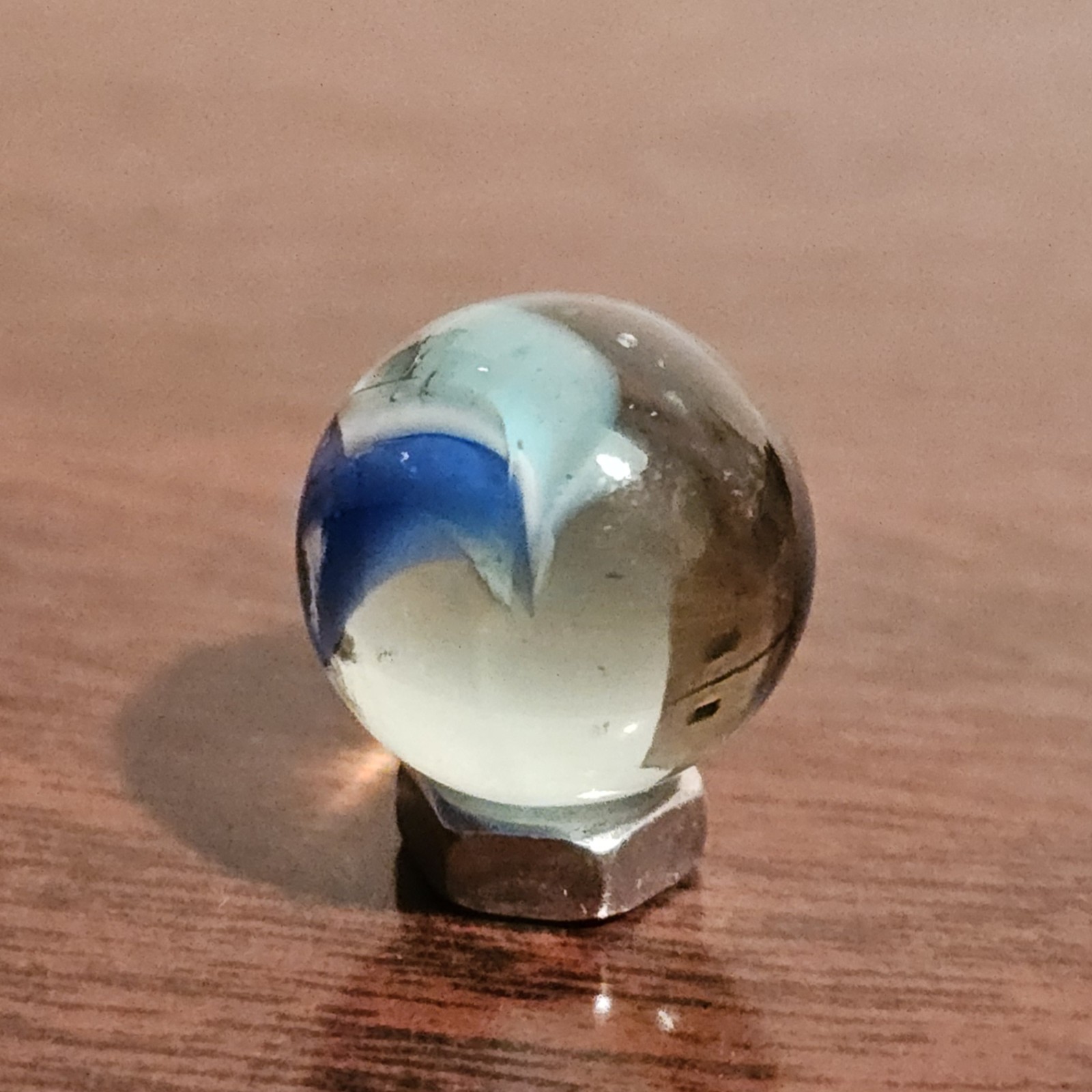 Vintage Dark Blue Light Blue Thru-White 6-Vein Cats Eye .592″ Glass Marble