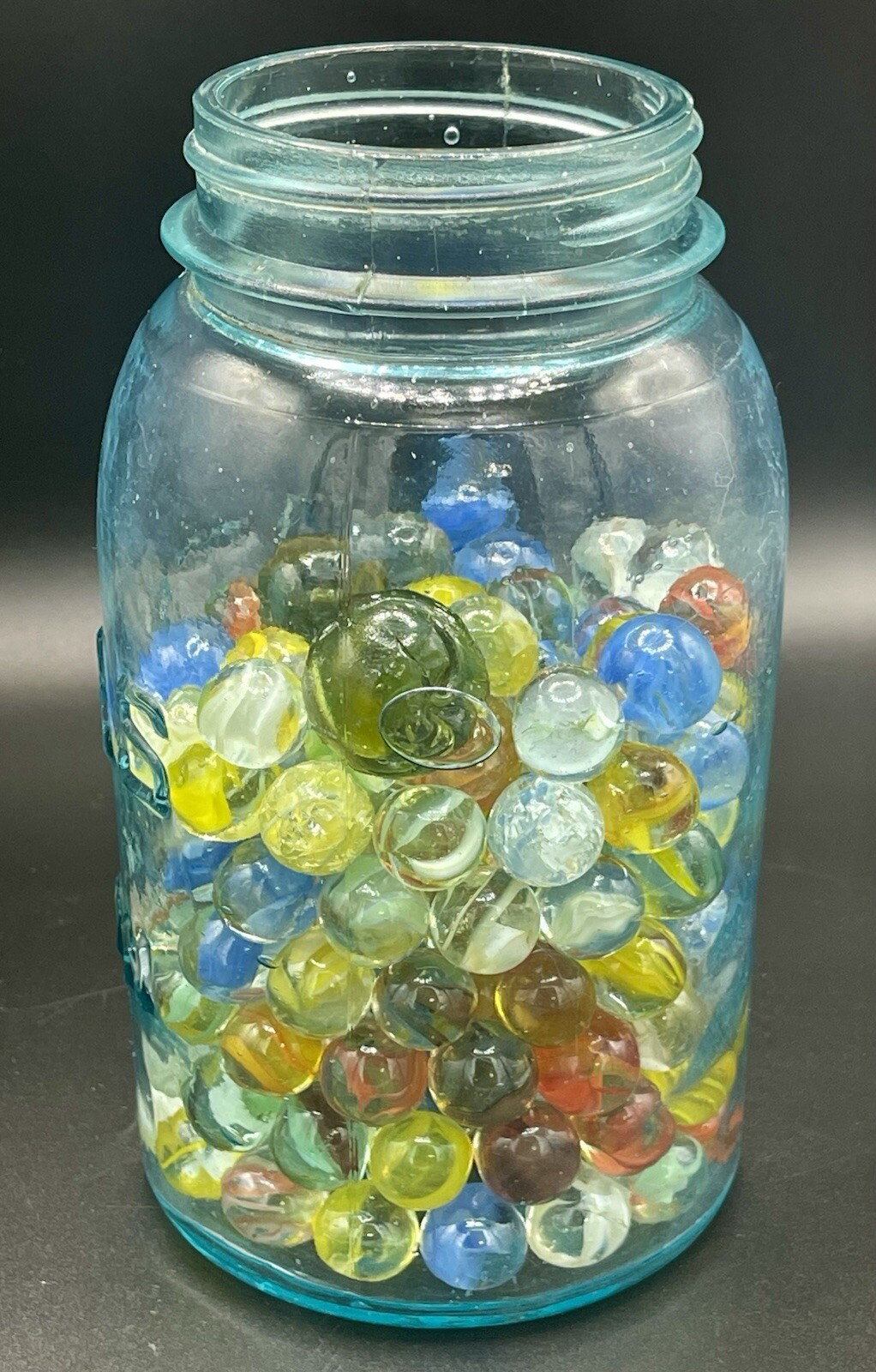 Vintage MARBLES QUART JAR of OLD GLASS MARBLES about 4 Pounds, 172 Marbles