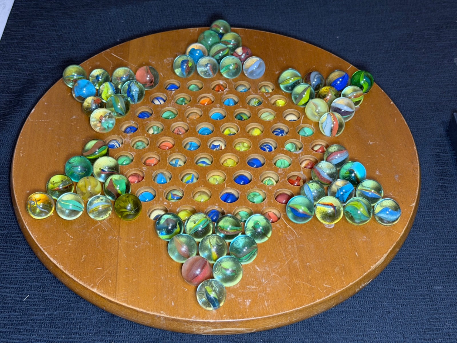Gnt 15” Vintage Chinese Checker Board Filled w/121 Catseye Marbles 60-1” Shooter