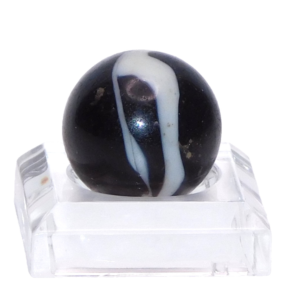 Vintage Glass Marble Near Opaque Black White Corkscrew? UV Reactive 0.59″ #U-15