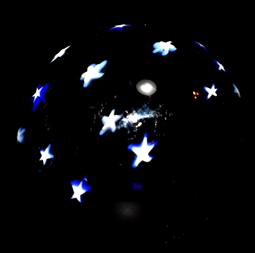 DAVID P. SALAZAR GLASS MARBLE/2.009″-MOON & STARS-TRANS.ROYAL,SUNFLOWER CRESCENT