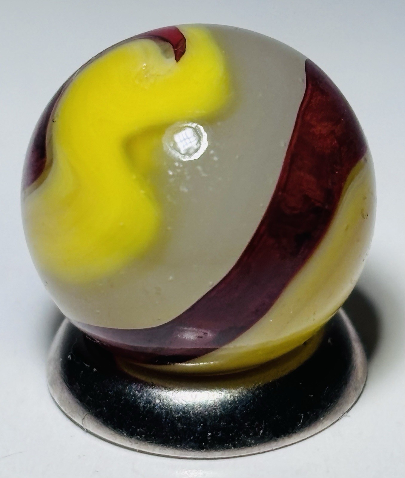 Vintage Akro Agate EggYolk OXblood Swirl Marble .61” In Wet Mint Condition