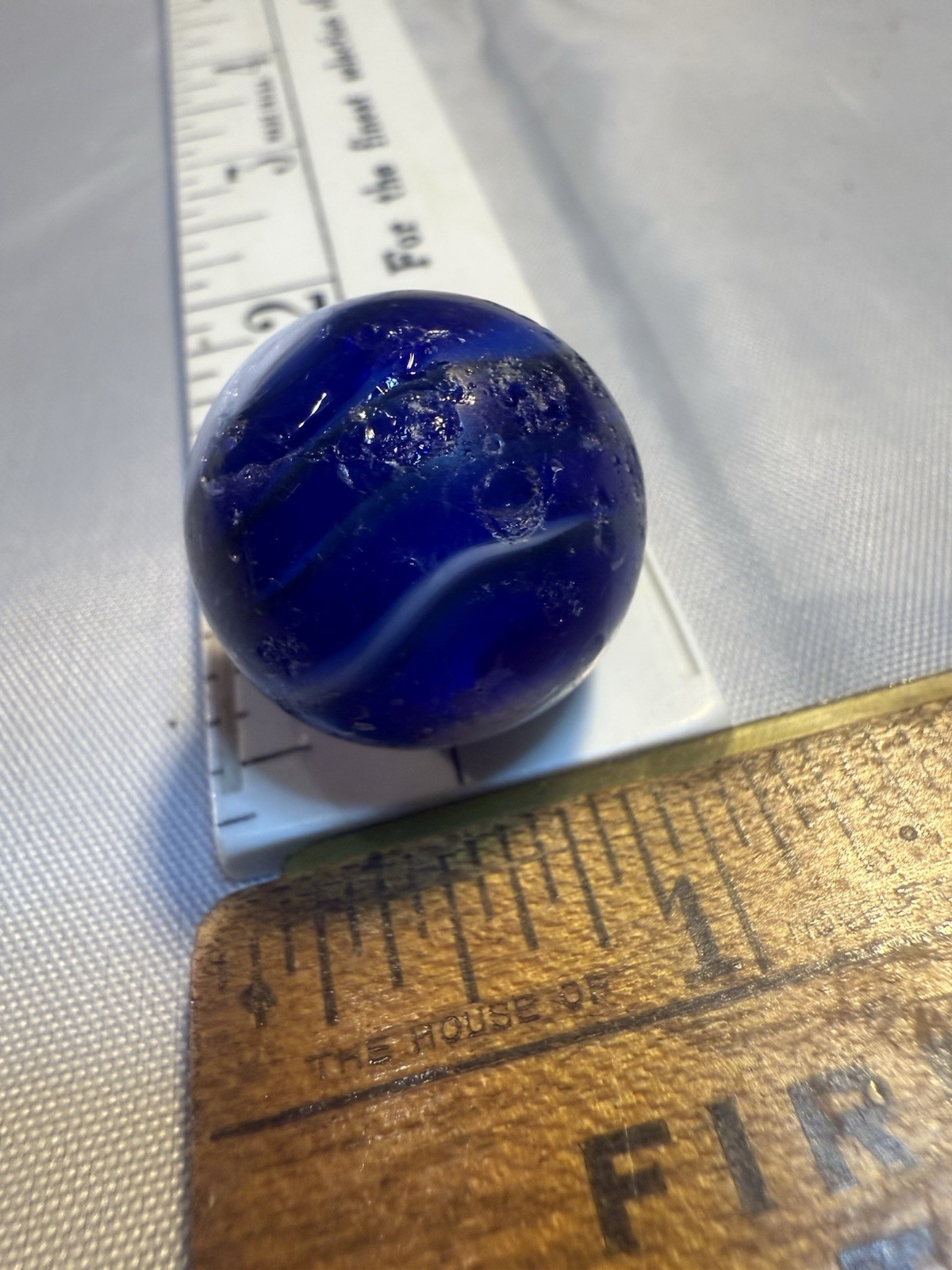 Akro Agate Corkscrew SPIRAL Shooter Marble Blue White Old Vintage Damaged