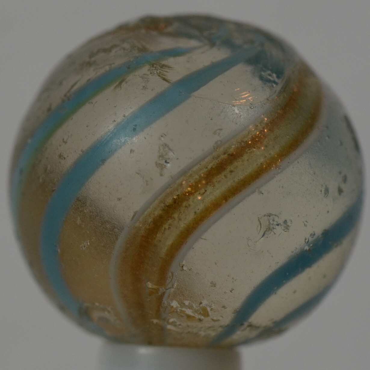 Handmade Aqua Banded Lutz Marble, 25/32 in, Good+, Chip, Germany 1860-1920 S1234
