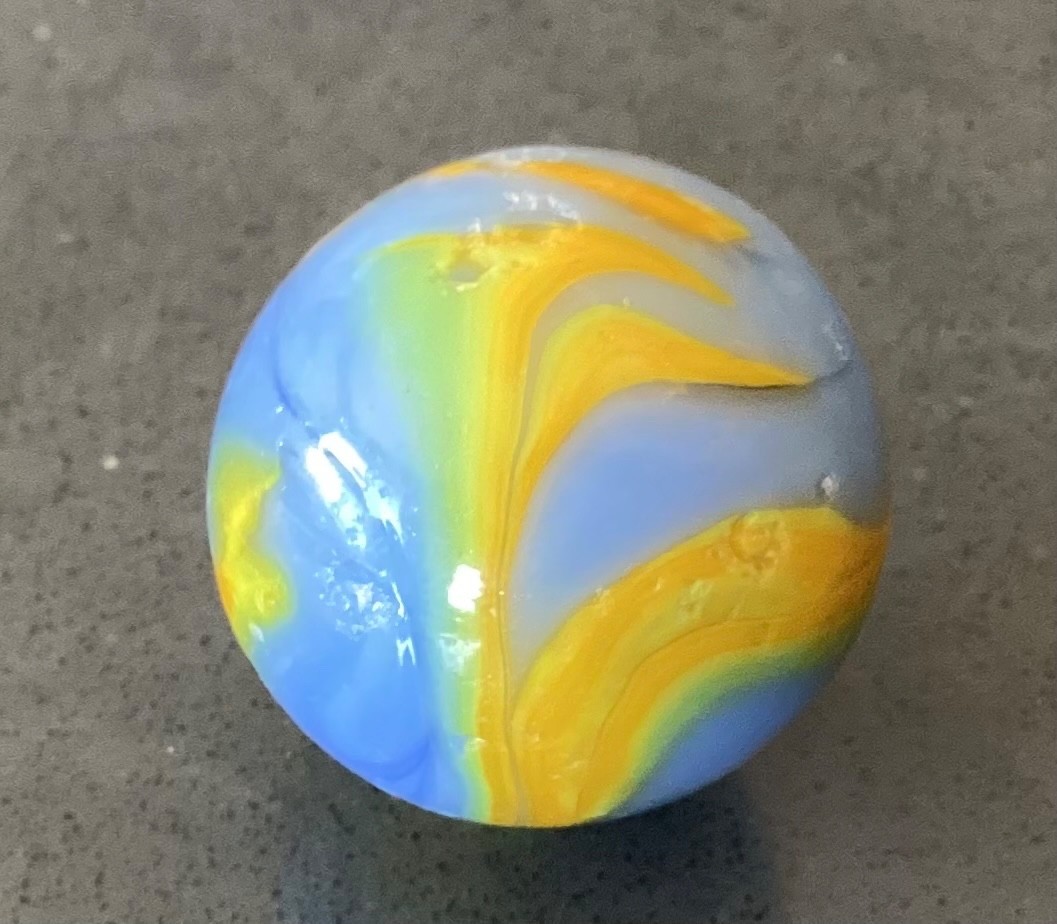 Marble Alley Agate Shooter Boulder Blue Yellow Flames Played Good+ to NM- 0.99”