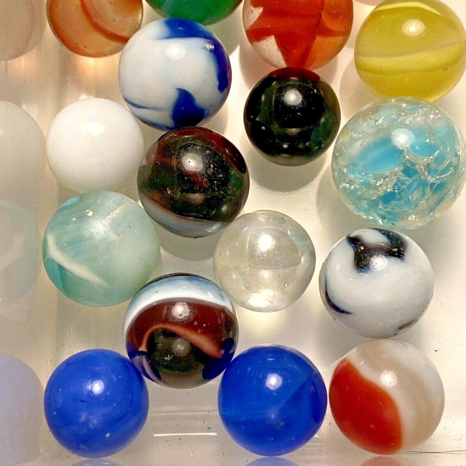Vintage ? Lot of 34 Marbles Glass Crackle Blue Solid Yellow Green Orange Toy