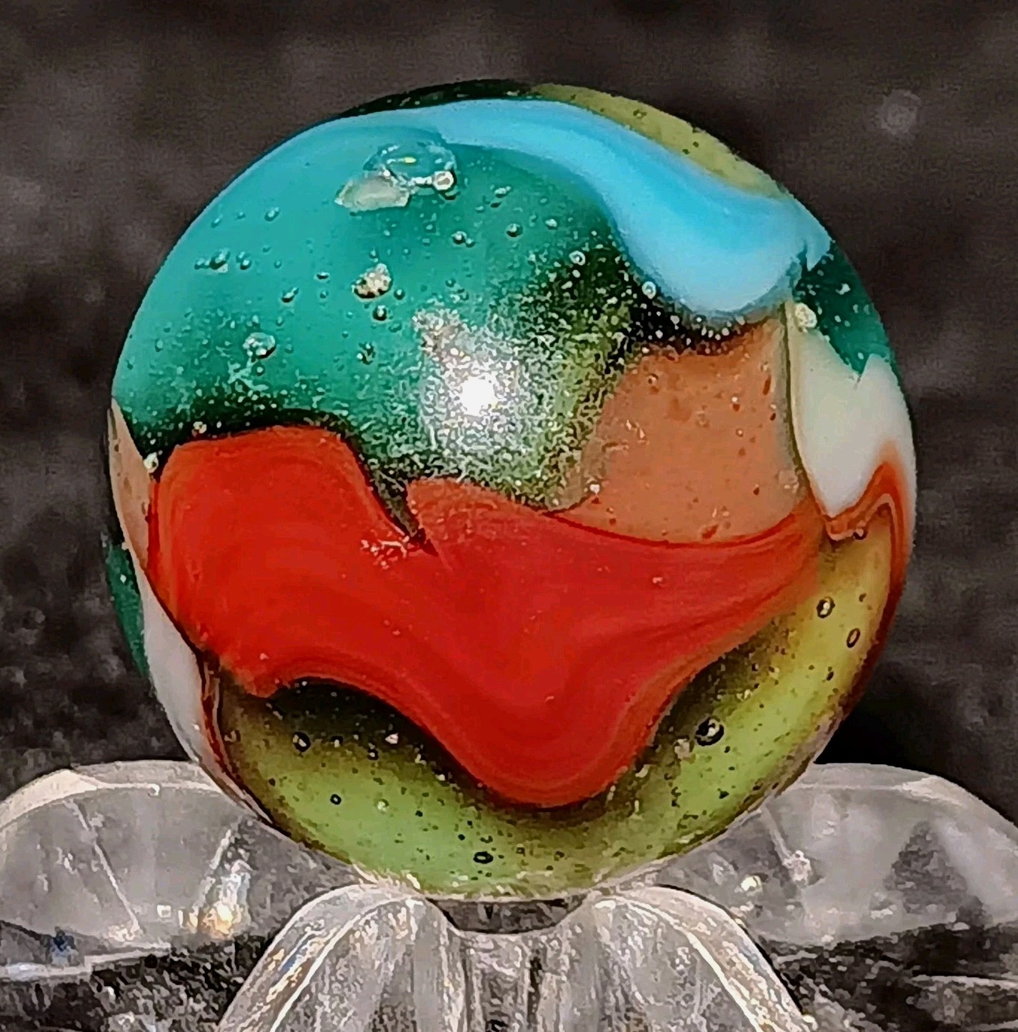Vintage Pelter Glass NLR Multi-Color Rainbo Marble. W-Oxblood. .66″ Mint. HTF