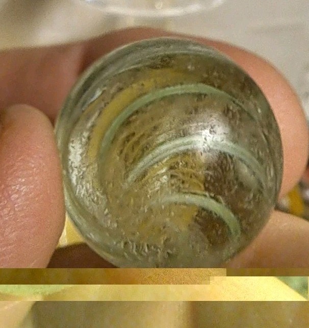 Antique Handmade German Marble – Green Swirl Latticinio Yellow Core