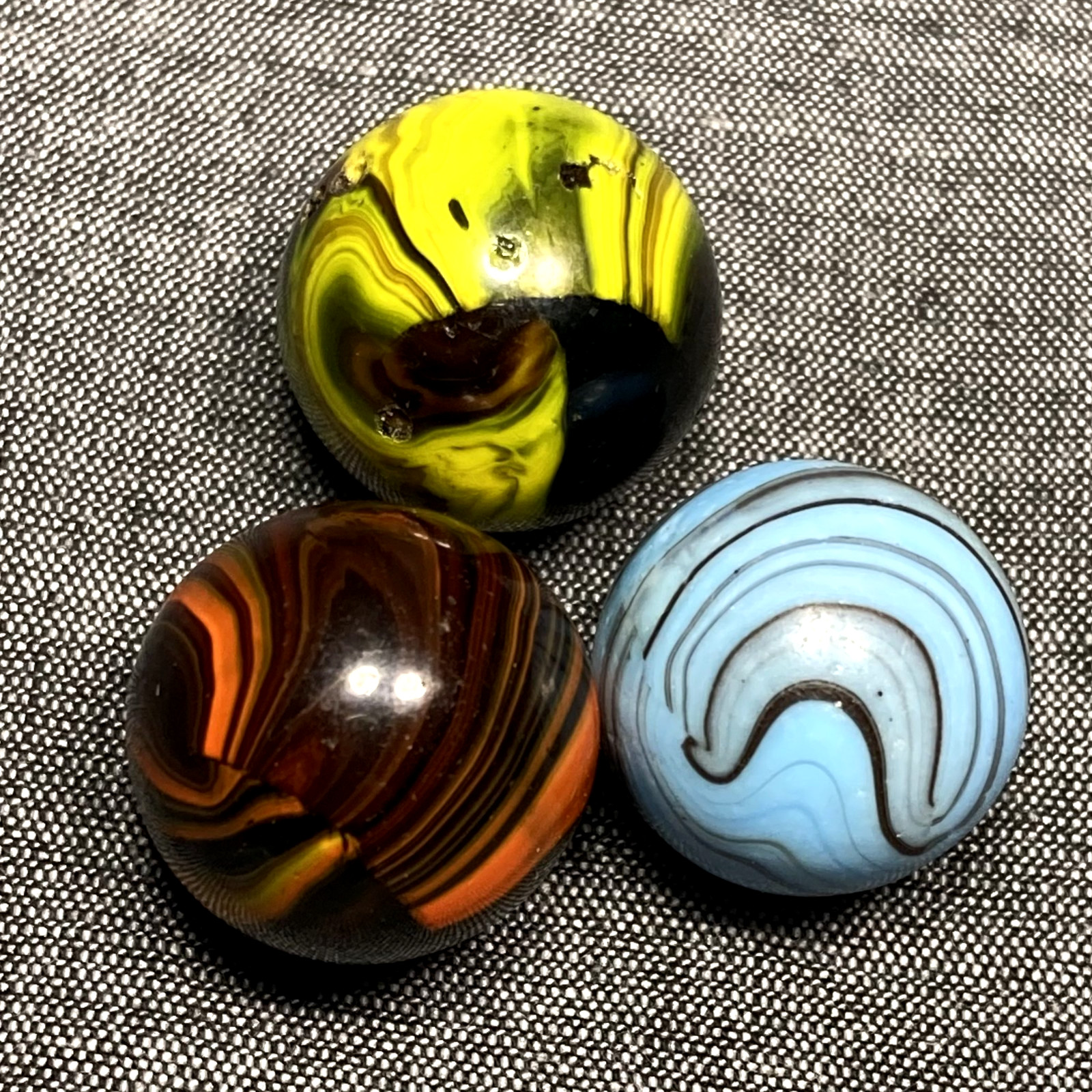 3 CHRISTENSEN “STRIPED OPAQUE” MARBLES, NM-