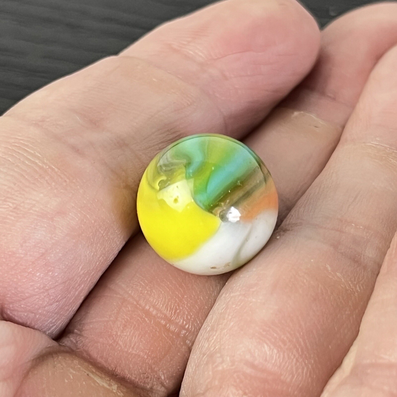 Beautful Akro Agate Peltier Art Swirl Glass Marble .61” Green Yellow Peach White