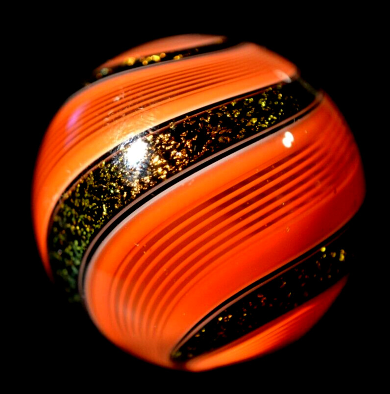 HOT HOUSE GLASS MARBLE/1.726″-TOMATO RED LATTICINIO STYLE W/DICHROIC-WORLDWIDE