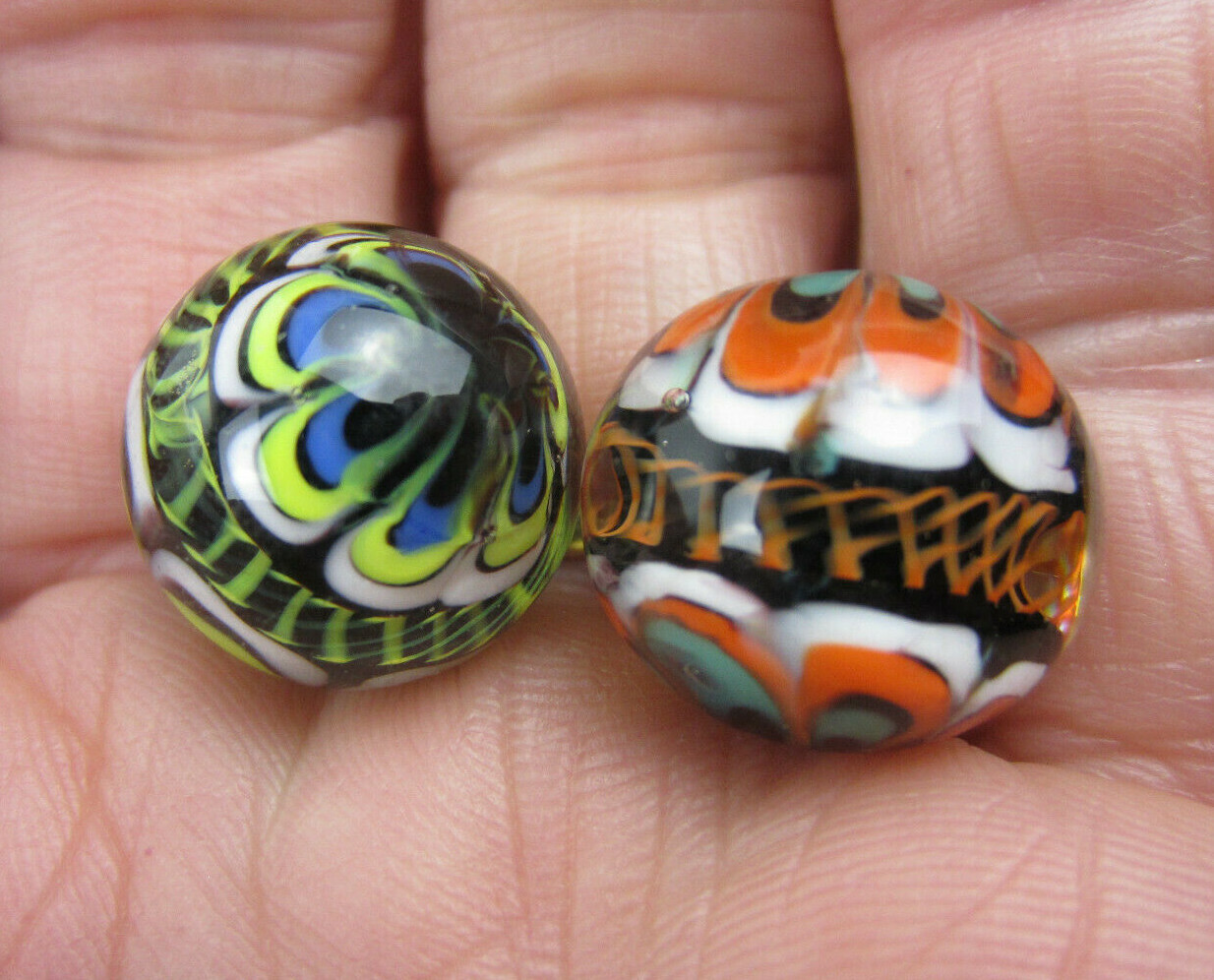 2 RINKY-DINK 16mm Handmade Art Glass Orange Blue Green Lattice Design Marbles