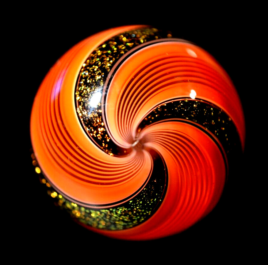 HOT HOUSE GLASS MARBLE/1.726″-TOMATO RED LATTICINIO STYLE W/DICHROIC-WORLDWIDE
