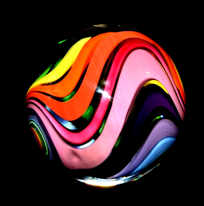 EDDIE SEESE GLASS MARBLE/1.998″-RAINBOW DRT w/FILIGRANA CANE-MAGENTA,LIME,VIOLET