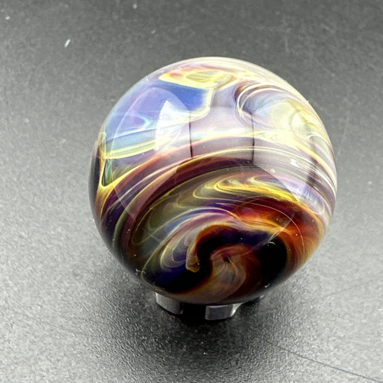 Contemporary Handmade Art Glass Marble .93″ Amber Purple MIB Layered Color Swirl