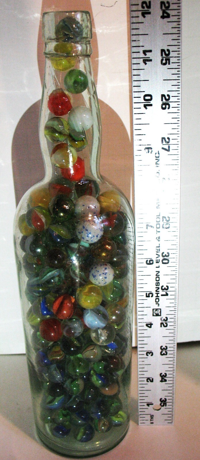 Whisky Bottle of Machine Made Marbles Various Makers +Types many 5/8″ dia