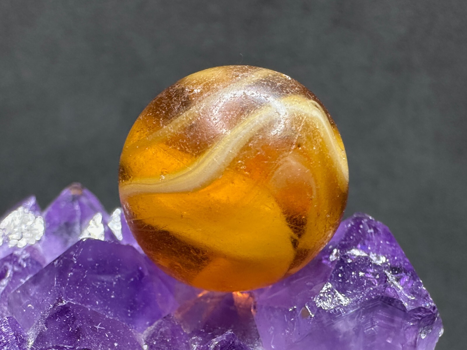 Vintage M.F. Christensen Slag Hand-Gathered ‘9 Tail’ Marble – AMBER – .76″