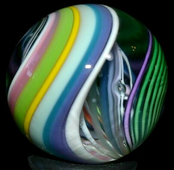JODY FINE HANDMADE GLASS MARBLE/.926″-SPRING TRIPLE-BLUE,OLIVE,LILAC,ROSE,LEMON+